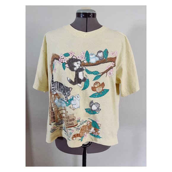 VTG 80s Sz M Yellow Cotton Kittens and Birds Cropped Tee Cute Animals - Picture 1 of 8
